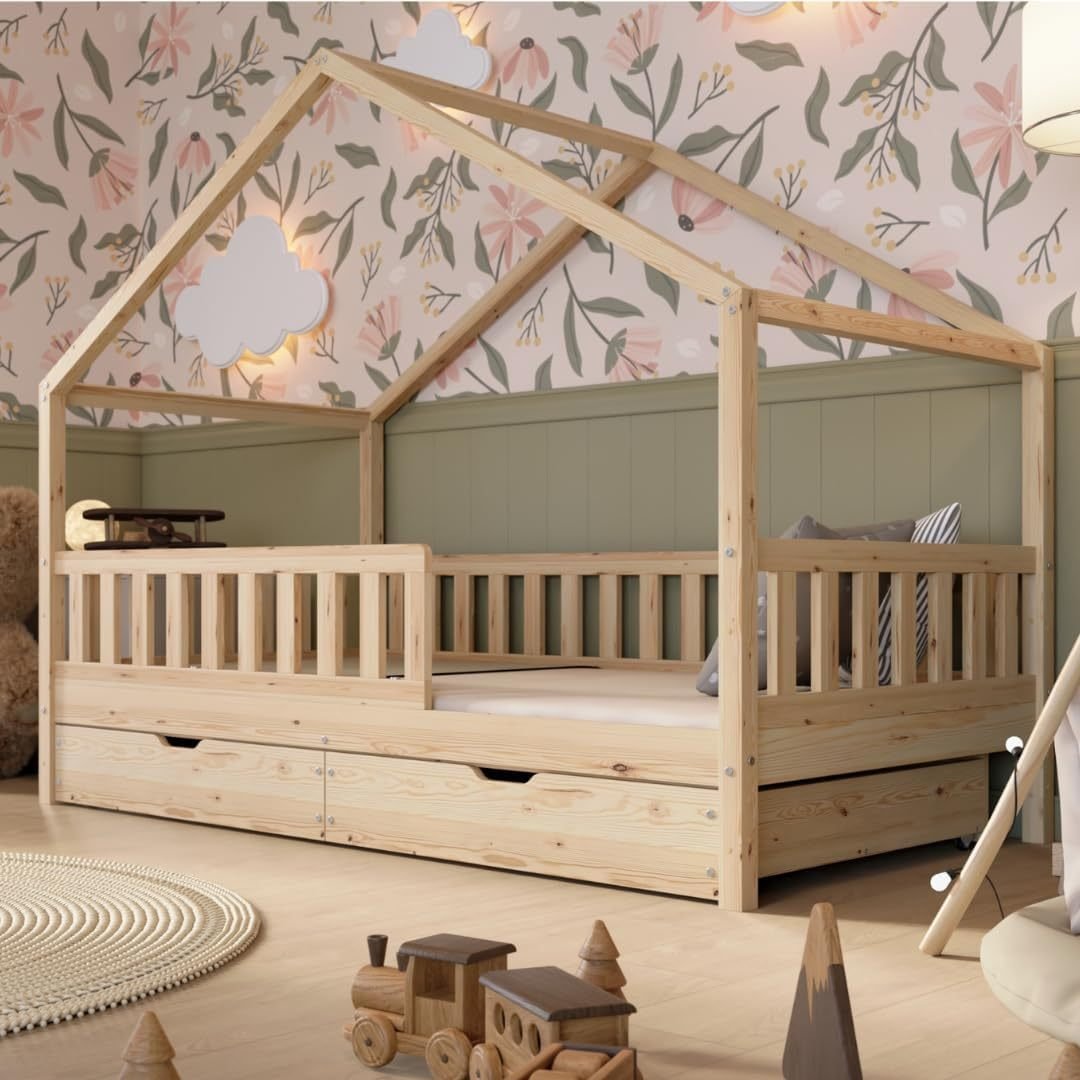 Crazy Pine Cama casita con cajones 200 × 90 cm – Madera natural, barrera anticaídas extraíble, cama Montessori a ras de suelo con almacenaje,…