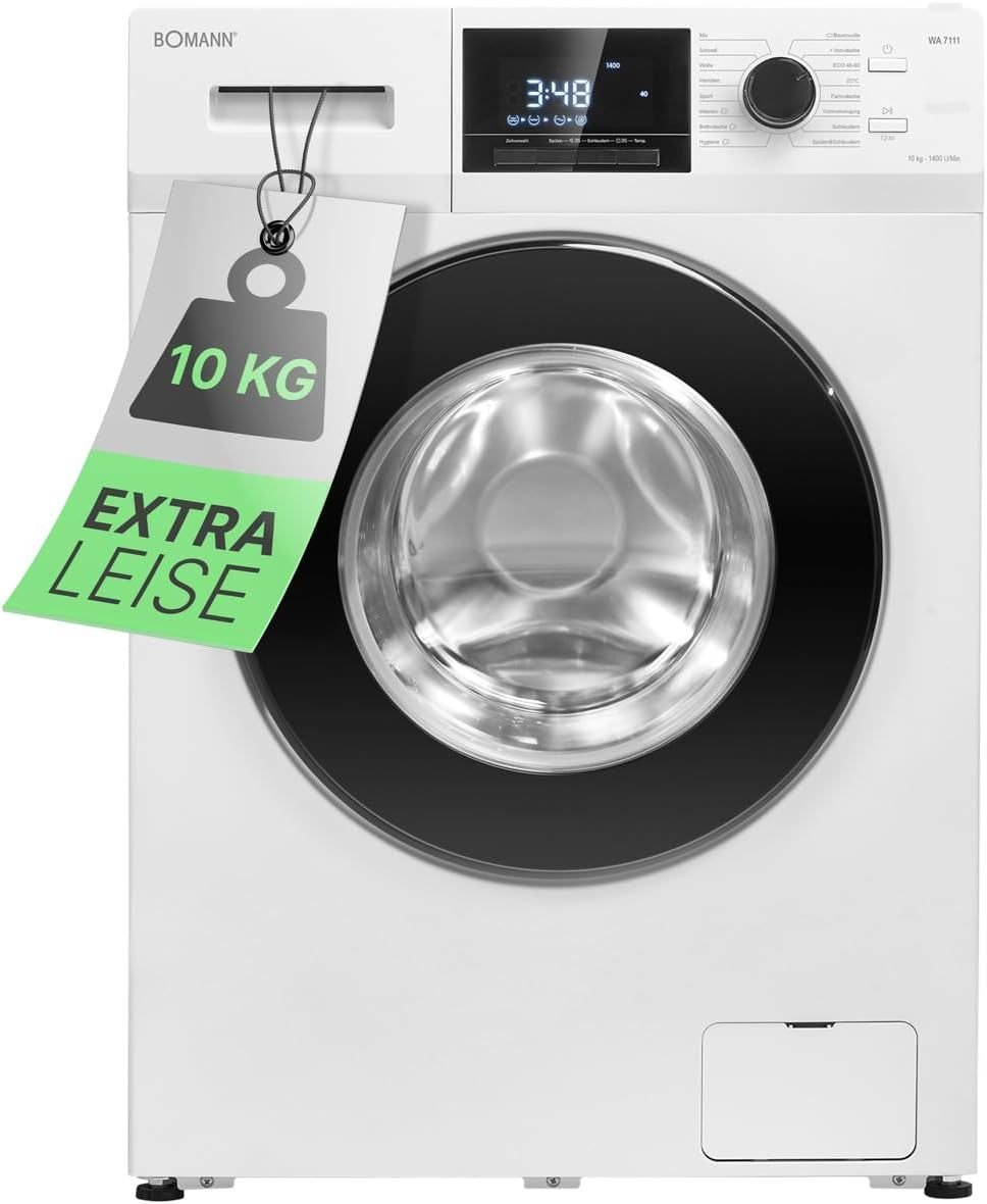 Bomann Lavadora 10 kg, 1400 rpm – Garantía del motor 10 años, inverter silencioso y duradero, 15 programas, inicio diferido, pantalla LED, WA 7110