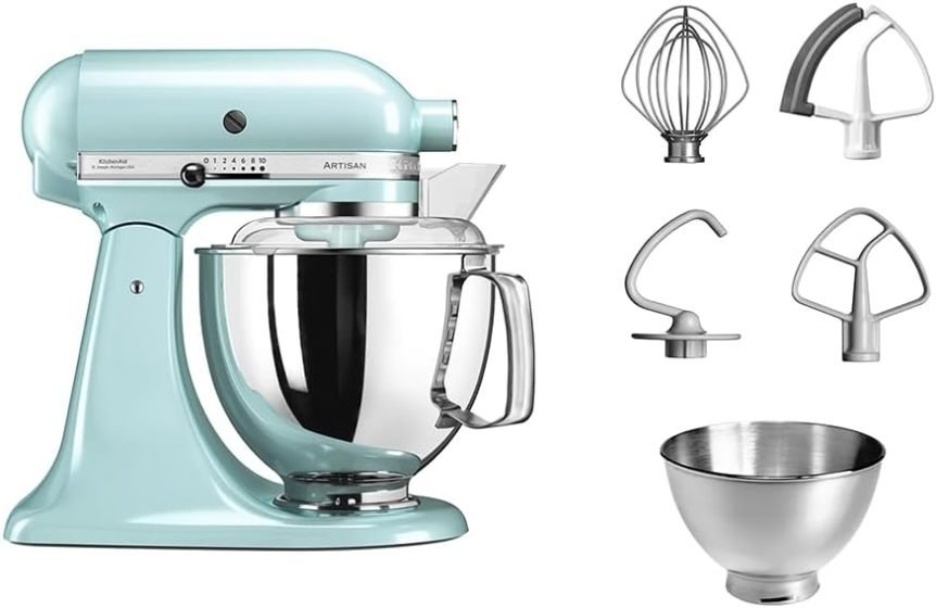 KitchenAid Artisan Robot de cocina de cabezal inclinable – 5 accesorios, 2 boles inox, 4,8 L, pistacho