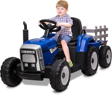 HAUSPROFI Tractor eléctrico infantil 12 V 3 velocidades con remolque – 2 modos de conducción, mando a distancia 2,4 GHz, LED, Bluetooth, música, USB