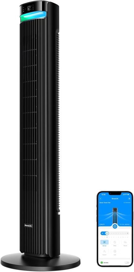 GoveeLife Ventilador de torre silencioso 27 dB – 12 velocidades hasta 8 m/s, 5 modos, temporizador 24 h, oscilación 150°, control por app y voz, negro