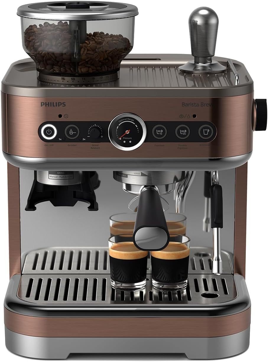Philips Barista Brew Cafetera espresso semiautomática PSA3218/01 – Espresso simple/doble, Americano, depósito de granos 250 g, prensado calibrado,…