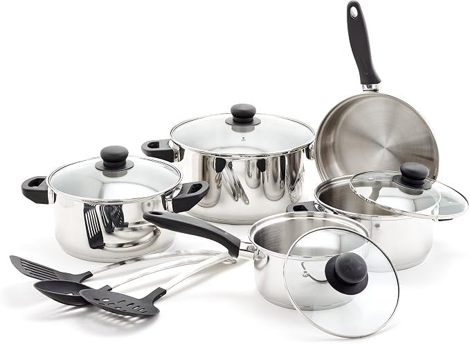 Old Dutch Batería de cocina 12 piezas con tapas de cristal – Acero inoxidable, asas negras, compatible con inducción, gas y eléctrico