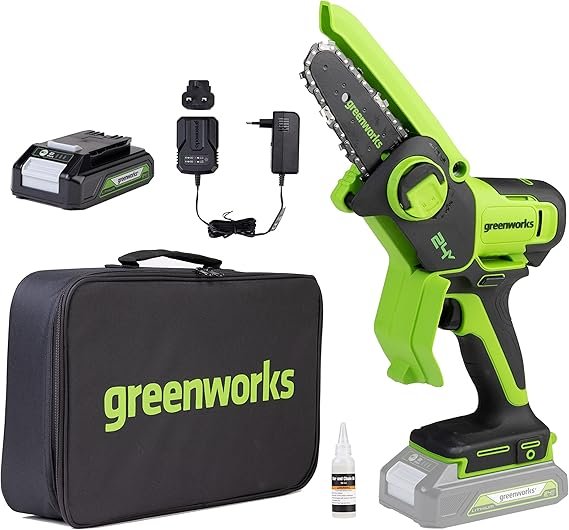 Greenworks Mini motosierra inalámbrica 24 V 10 cm (4 pulgadas) – Batería 2 Ah, velocidad de cadena 7,8 m/s, para ramas y trabajos de jardín