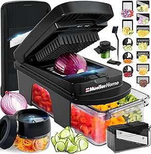 Mueller Ultimate Cortador de verduras 12 cuchillas – Mandolina, espiralizador, rallador y cortador, negro