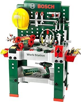 Klein Bosch Banco de trabajo n.º 1 (8485) – Banco infantil de 150 piezas con atornillador electrónico y accesorios, 62 × 42 × 100 cm, desde 3 años