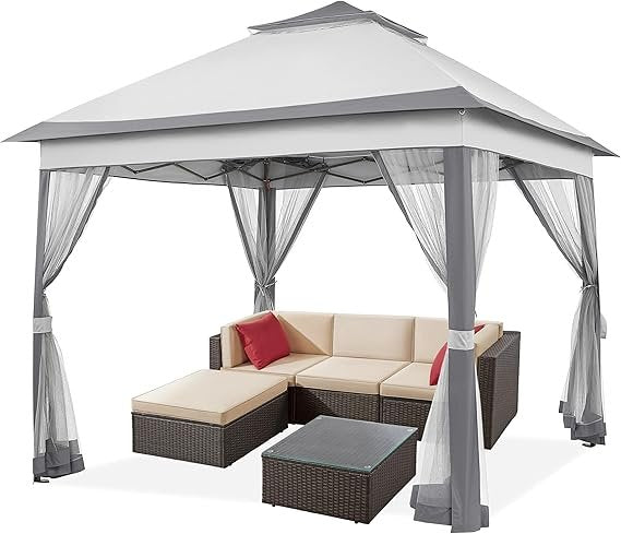 Yaheetech Cenador plegable 3,3 × 3,3 m – Impermeable, altura regulable, mosquiteras, doble techo, bolsa de transporte, gris claro/oscuro