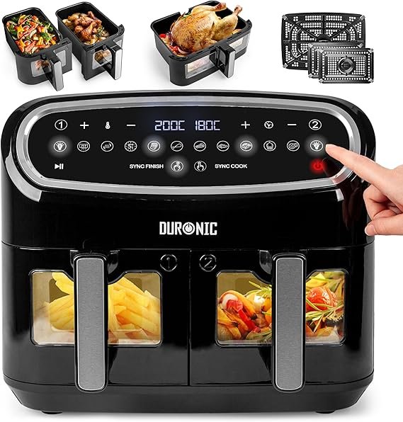 Duronic AF34 BK Set Airfryer – 10 L + 2 cajones de 5 L, 10 programas, cocción sincronizada y función Finish, cocción sin aceite, negro