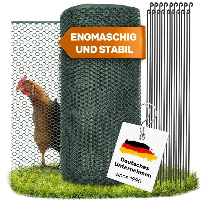 SELFmania Red de cercado para gallinas 25 m × 120 cm – Malla cerrada, estable, anti-UV, 21 postes + 25 piquetas en U, para aves, perros y pequeños…