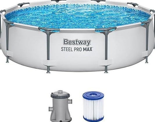 Bestway Steel Pro Max Piscina tubular redonda con bomba de filtrado Ø 305 × 76 cm, gris claro