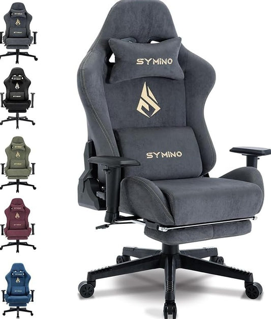 Symino Silla gaming ergonómica – Tejido suave y transpirable, reposapiés, giratoria y regulable, gris