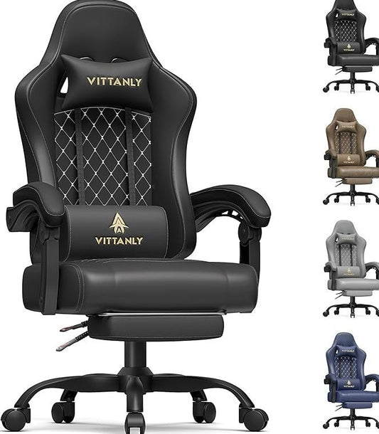 Vittanly Silla gaming ergonómica – Asiento con muelles, reposacabezas, cojín lumbar, reposapiés, altura regulable, carga 150 kg, negra
