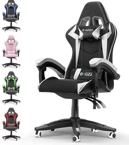 bigzzia Silla gaming ergonómica – Cojín lumbar, reposacabezas, altura regulable, para adultos, negro/blanco