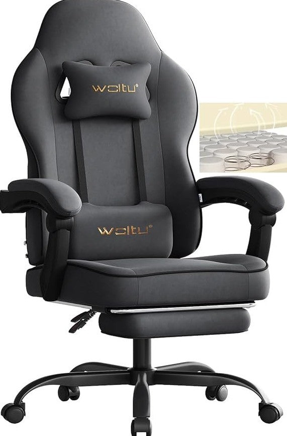 WOLTU Silla gaming ergonómica – Asiento con muelles ensacados, reposapiés, cojines lumbar y de cabeza, carga 150 kg, gris