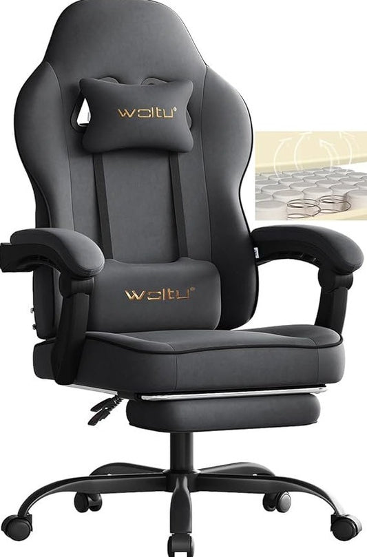 WOLTU Silla gaming ergonómica – Asiento con muelles ensacados, reposapiés, cojines lumbar y de cabeza, carga 150 kg, gris