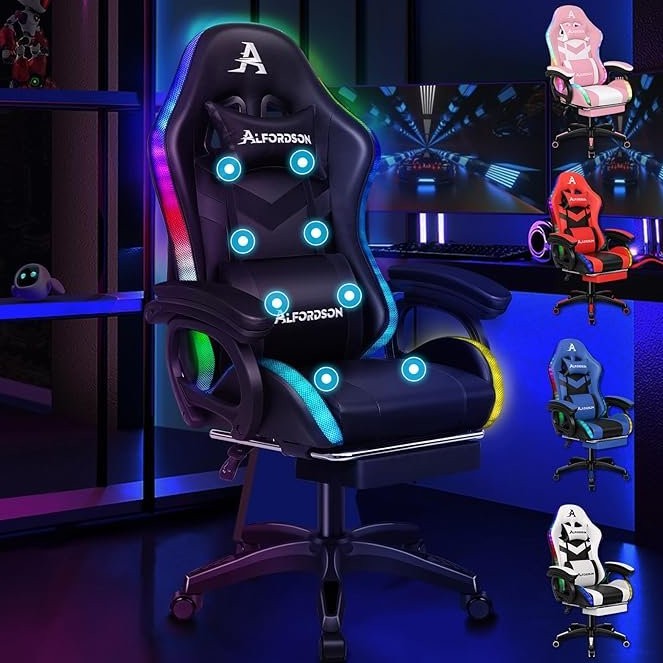ALFORDSON Silla gaming Racing ergonómica RGB LED – Masaje, reposapiés, respaldo 90-150°, carga 180 kg, negra