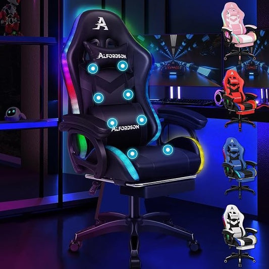 ALFORDSON Silla gaming Racing ergonómica RGB LED – Masaje, reposapiés, respaldo 90-150°, carga 180 kg, negra