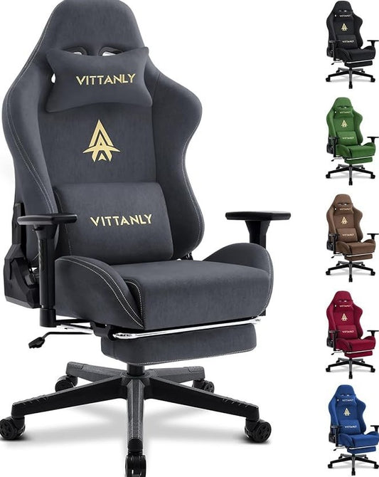 Vittanly Silla gaming de lujo ergonómica – Ante sintético, reposapiés, cojines de cabeza/lumbares, reposabrazos 3D, respaldo 90-155°, gris