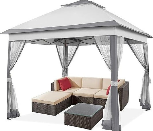 Yaheetech Cenador plegable 3,3 × 3,3 m – Impermeable, altura regulable, mosquiteras, doble techo, bolsa de transporte, gris claro/oscuro