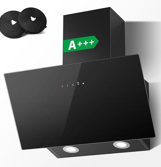 TopStrong Campana de pared 60 cm – Clase A+++, 450 m³/h, filtro de carbón, iluminación LED, 3 velocidades + Booster, control táctil, cristal negro