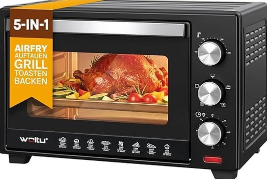 WOLTU Mini horno 28 L – 1600 W, 100-230 °C, 3 modos de calentamiento, temporizador 60 min, bandeja y rejilla incluidas, negro