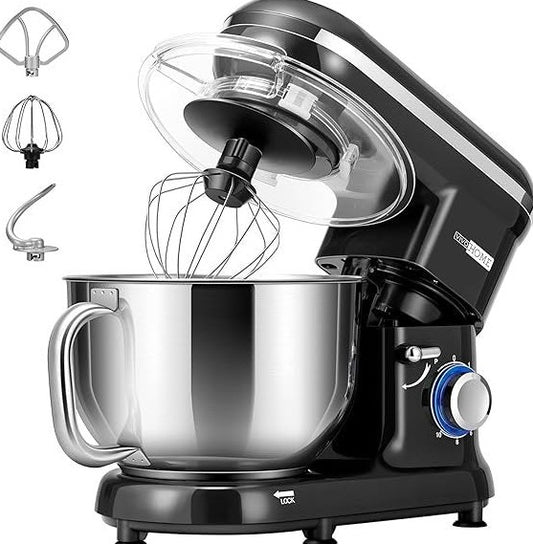 VIVOHOME Robot de cocina 5,7 L – 1500 W, 10 velocidades, bol de acero inoxidable, varillas, gancho amasador y batidor plano, negro