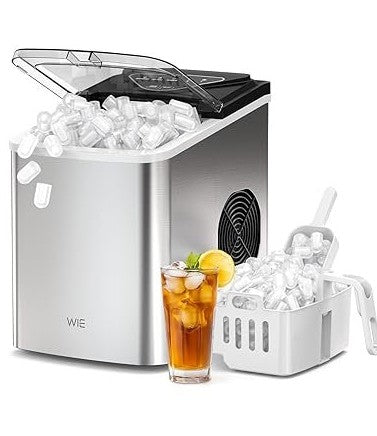 WIE Máquina de hielo 15 kg – 9 cubitos en 6 min, asa portátil, plateada, para hogar/cocina/oficina/autocaravana