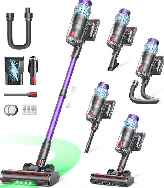 Aspirador escoba inalámbrico 600 W – Succión 50 kPa, autonomía 65 min, estación de carga mural, depósito 1,5 L, cepillo antienredos