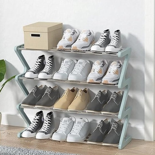Zapatero metálico de 4 niveles con estantes de tela – Organizador compacto para entrada, salón o vestidor