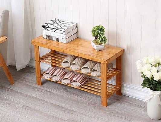 Zapatero de bambú natural de 2 niveles – Banco con asiento, organizador compacto, estantería versátil