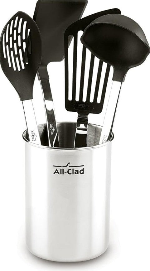All-Clad Juego de 4 utensilios de cocina con cabezales de nailon – Acero inoxidable, recipiente incluido, plateado