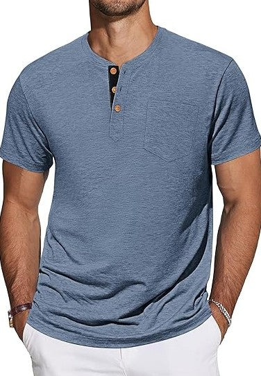 TARAINYA Camiseta Henley hombre – Manga corta, algodón, tapeta con botones y bolsillo en el pecho, tallas M–4XL