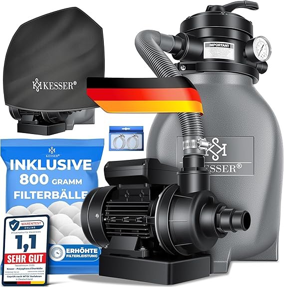 KESSER Sistema de filtración de arena – 700 g de bolas filtrantes sustituyen 25 kg de arena, caudal 10 m³/h, depósito para piscina, gris
