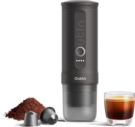 OutIn Nano Cafetera espresso portátil a batería – Calentamiento eléctrico USB-C, 2 en 1 café molido y cápsulas NS, viaje y camping