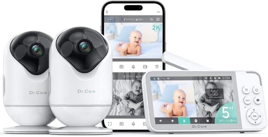 Dr.Care VistaView Vigilabebés Wi-Fi inteligente con 2 cámaras – Pantalla 5″ 1080p, cámara 2K, app, alertas de movimiento/llanto, visión nocturna,…