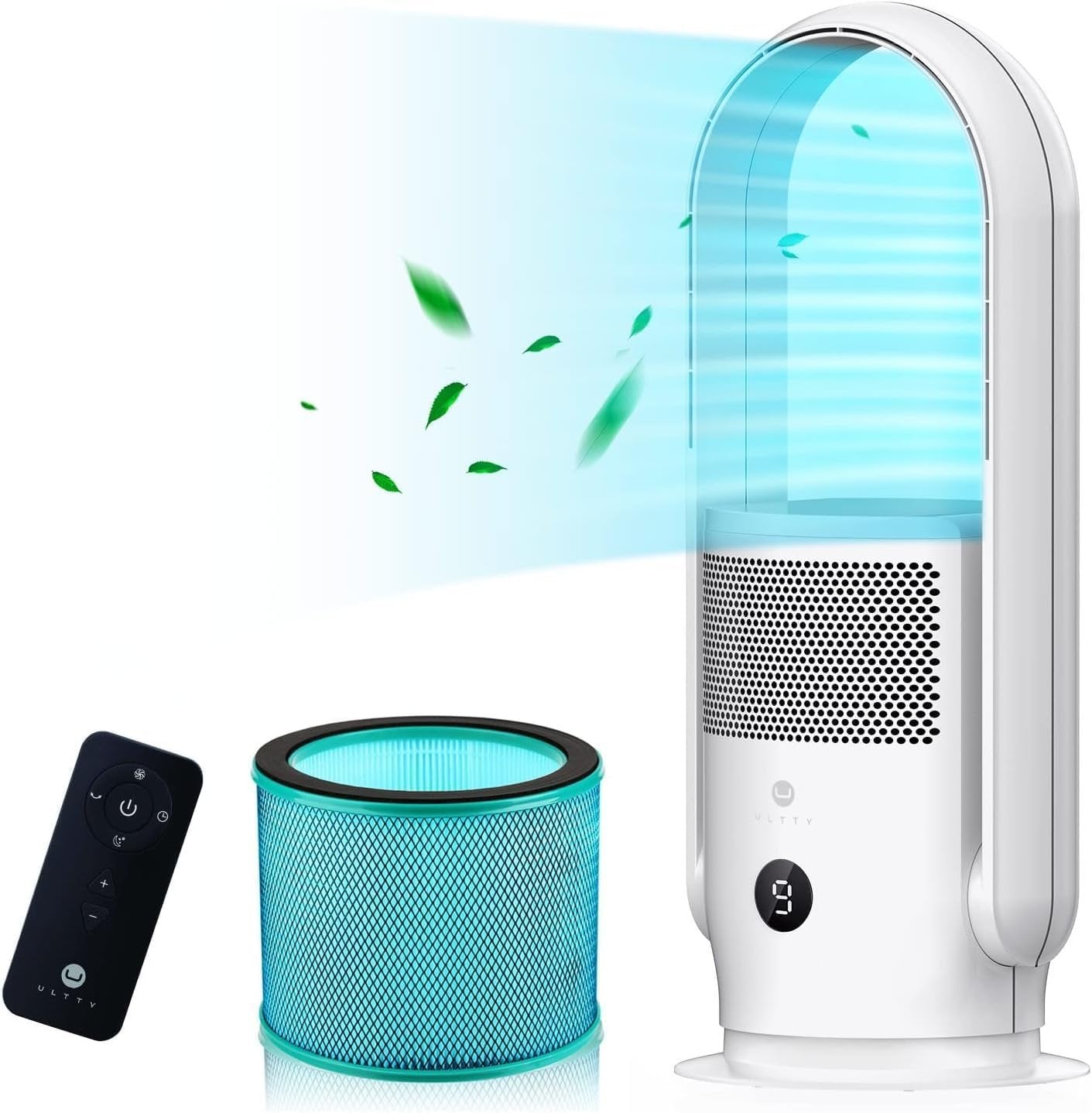 Ventilador sin aspas Ultty con purificador de aire – Ventilador de torre silencioso, mando a distancia, controles táctiles, temporizador 8 h,…