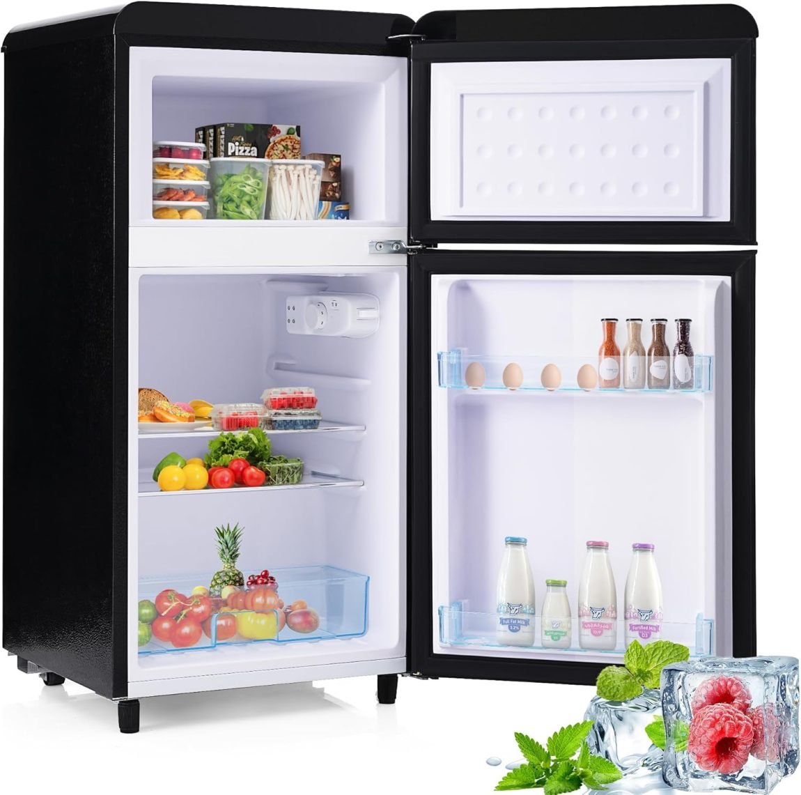 Merax Frigorífico-congelador compacto – Frigorífico 51 L + congelador 21 L, silencioso, LED, estantes de cristal, cajón para verduras y balcones,…