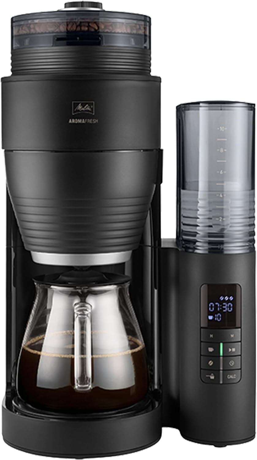 Melitta AromaFresh X Cafetera de filtro con molinillo – Jarra de vidrio, antigoteo, hasta 10 tazas, negro/plata