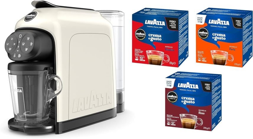 Lavazza A Modo Mio Deséa White Cream Cafetera – Con 88 cápsulas surtidas, 1500 W, depósito 1,1 L, contenedor para hasta 10 cápsulas