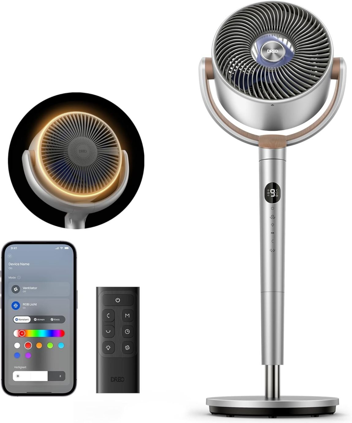 Dreo Ventilador de pie inteligente con iluminación RGB – Oscilación 120° + 120°, mando a distancia, silencioso 20 dB, temporizador 8 h, plateado