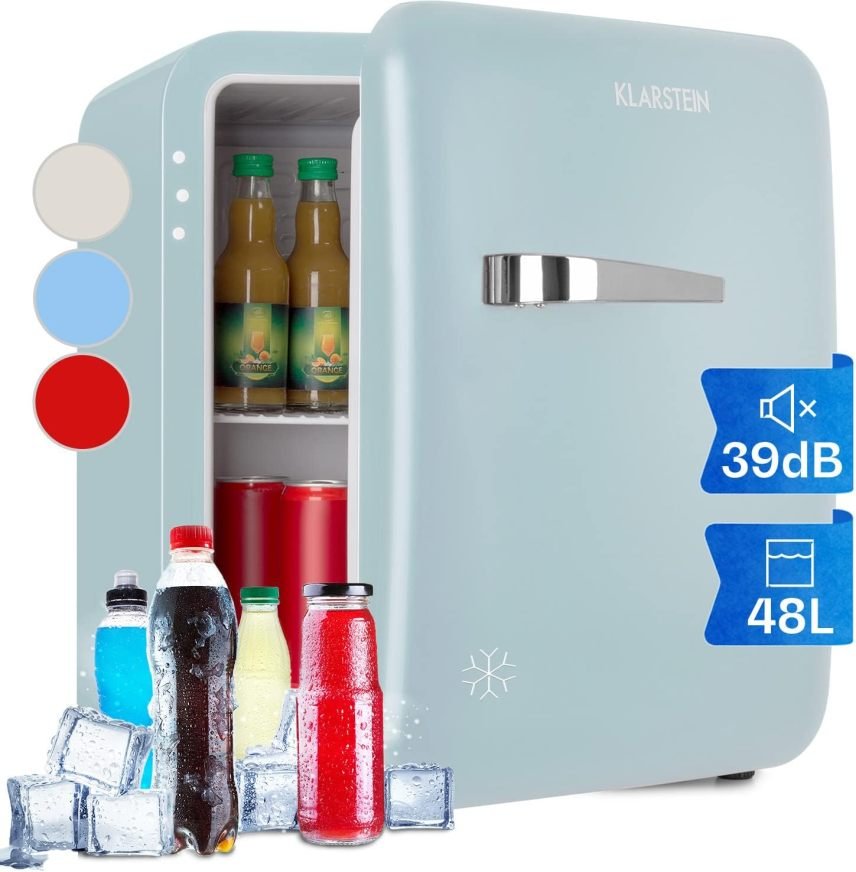 Klarstein Audrey Mini Frigorífico retro 70 L – Minibar de libre instalación, refrigeración por compresor, 0–10 °C, rojo