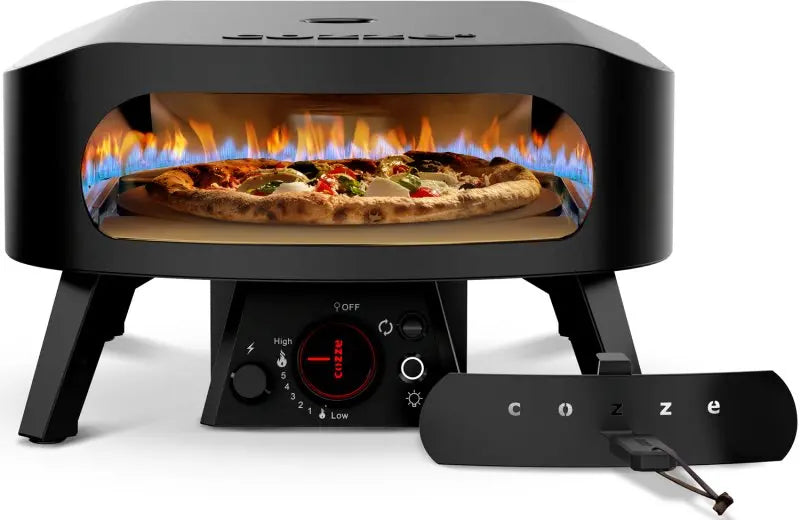 COZZE Horno de pizza a gas CLASSIC Black Edition 34 cm (13 pulgadas) – Piedra giratoria y escudo térmico para una cocción perfecta