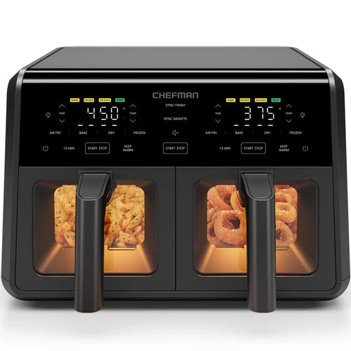 Chefman TurboFry Dual Basket Airfryer 9 qt con ventanas – Freidora de aire de 2 compartimentos, gran capacidad, negra