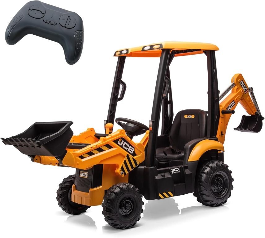 Excavadora y bulldozer eléctrico infantil 4 en 1, 12 V – Mando a distancia, cargador frontal, pala, bocina, neumáticos EVA, amarillo