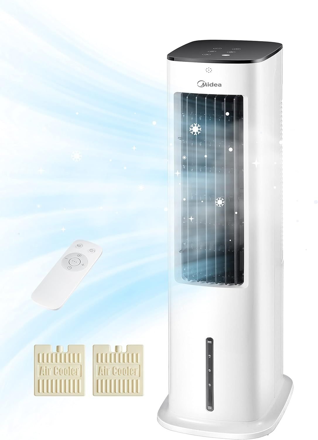 Midea Enfriador de aire con refrigeración por agua – Depósito 5 L, humidificador, ionización, sin conducto de evacuación, 355 m³/h, mando a…