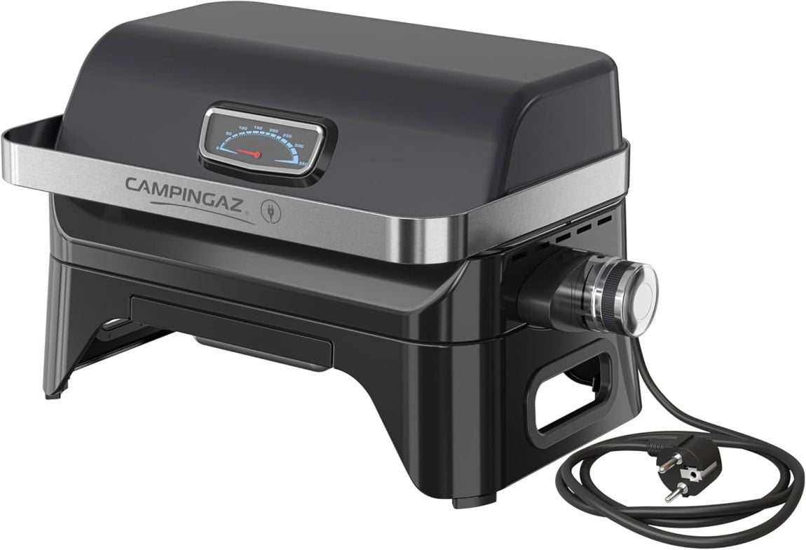 Campingaz Attitude2go Barbacoa portátil de gas – Barbacoa de sobremesa para balcón/camping, tapa, termómetro y parrilla de hierro fundido