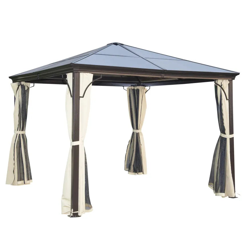 Outsunny Cenador de jardín Hardtop – Techo de policarbonato, mosquitera, estructura de aluminio