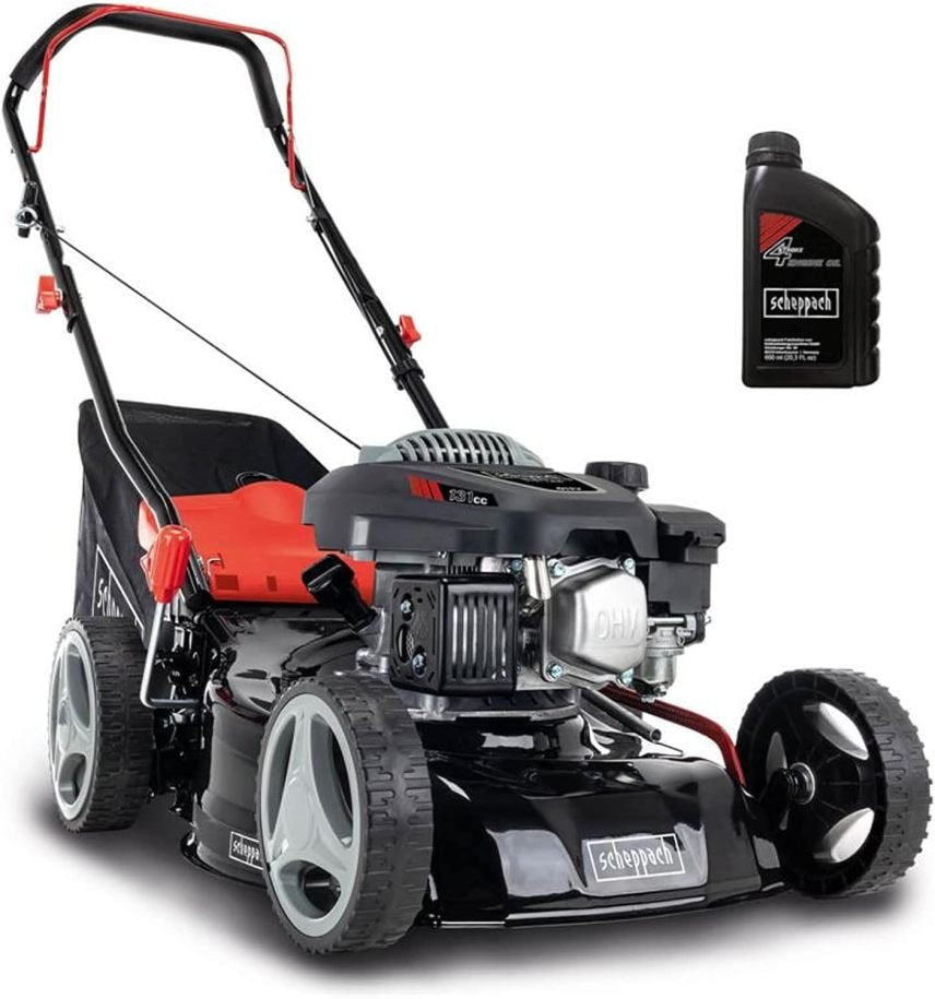 Scheppach RM420 Cortacésped 3 en 1, 3,4 CV – Anchura de corte 420 mm, cesta 45 L, altura 25-75 mm, aceite de motor incluido