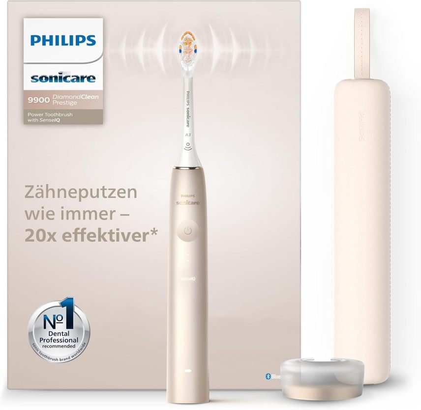 Philips Sonicare DiamondClean Prestige 9900 Cepillo de dientes eléctrico con SenseIQ, cabezal A3 Premium All-in-One y estuche de carga, azul noche…