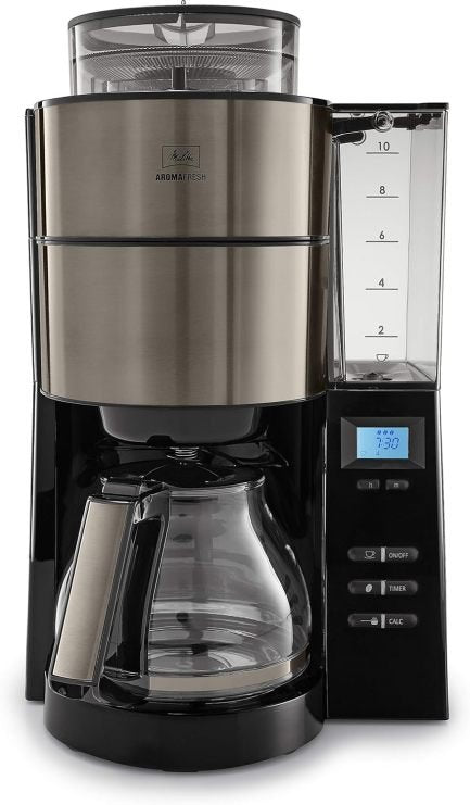 Melitta AromaFresh Cafetera de filtro con jarra de vidrio – Molinillo integrado, temporizador, 10 tazas, Pure Black